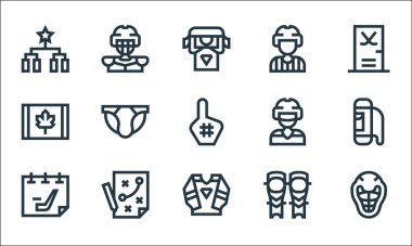 Hokey çizgisi simgeleri. Doğrusal küme. Miğfer, kıyafet, hokey, incik, strateji, Kanada, buz hokeyi, hakem, buz