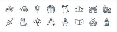 Bahar mevsimi simgeleri. Doğrusal küme. Lamba, kitap, yağmurluk, şemsiye, gökkuşağı, kuş evi, limonata, sulama kutusu gibi kalite vektör dizileri