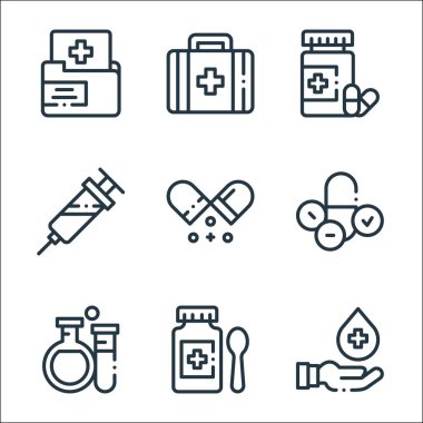 İlaç çizgisi simgeleri. Doğrusal küme. El, şurup, test tüpleri, haplar, haplar, enjeksiyon, antibiyotik, tıbbi malzeme gibi kalite vektör dizileri