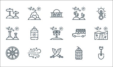 Çöl çizgisi ikonları. Doğrusal küme. Kaliteli vektör çizgisi kürek, kılıç, tekerlek, dinamit, kum, yıkıntı, kamyonet, kaktüs, kaya gibi