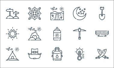 Çöl çizgisi ikonları. Doğrusal küme. Kılıç, matara, kamp çadırı, termometre, kovboy şapkası, güneş, madencilik, ay, desen gibi kalite vektör çizgisi