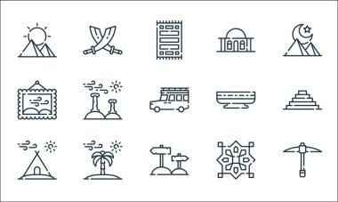 Çöl çizgisi ikonları. Doğrusal küme. Madencilik, istikamet, kamp çadırı, şablon, palmiye ağacı, resim, Hintli, cami, kılıç gibi kalite vektör çizgisi