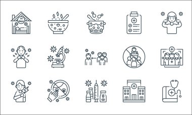 Koronavirüs çizgisi simgeleri. Doğrusal küme. Tıp kitabı, ilaç, hasta, hastane, göz, boğaz ağrısı, toplantılar, sağlık raporu, çorba gibi kalite çizgisi