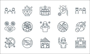 Koronavirüs çizgisi simgeleri. Doğrusal küme. Hastane, mesafe, burun, ateş, el sıkışma, tıbbi maske, kalabalık, böbrek, çorba gibi kalite vektör dizileri