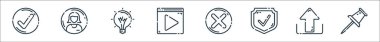 kullanıcı arayüzü satır simgeleri. Doğrusal küme. İşaretleyici, gönderme, koruma, iptal, video oynatıcı, fikir, hesap gibi kalite vektör satırı kümesi