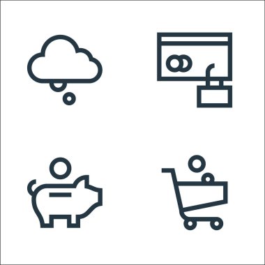 Ödeme çizgisi simgeleri. Doğrusal küme. Kaliteli vektör çizgisi: alışveriş arabası, domuz kumbarası, güvenli ödeme