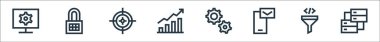 Geliştirme çizgisi simgeleri. Doğrusal küme. Sunucu, kod, gönderme, vites, istatistik, hedef, kilit gibi kalite vektör dizileri