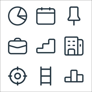 İş dünyası simgeleri. Doğrusal küme. Sıralama, merdiven, odaklanma, ofis, merdivenler, çanta, iğne, tarih gibi kalite vektör çizgisi