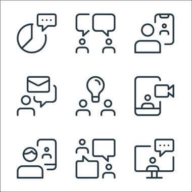 Çalışma ofisi ve buluşma çizgisi simgeleri. Doğrusal küme. Konuşma balonu, sohbet, video çağrısı, video çağrısı, yenilik, sohbet, video çağrısı, sohbet gibi kalite vektör dizileri