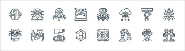 Robot çizgisi simgeleri. Doğrusal küme. Robotik bacaklar, robotik kol, hap, veritabanı, robot kol, robot, robot, konum gibi kalite vektör çizgisi