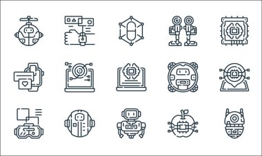 Robot çizgisi simgeleri. Doğrusal küme. Robot, robot, sanal gerçeklik gözlükleri, yapay zeka, robot, akıllı titreşim, robot bacakları, hologram gibi kalite vektör dizileri