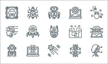 Robot çizgisi simgeleri. Doğrusal küme. Yapay zeka, yapay zeka, sayborg, DNA, yapay zeka, robot, hologram, ayarlar, hata gibi kalite vektör dizileri