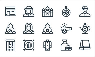 Ramazan çizgi simgeleri. Doğrusal küme. Fez, müslüman, halı, zekat, Allah, işa, top, qibla, müslüman gibi kalite vektör çizgisi