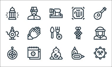 Ramazan çizgi simgeleri. Doğrusal küme. Kazılmış, işa, qibla, tarihler, takvim, çay, elmas, müslüman gibi kalite vektör çizgisi