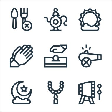 Ramazan çizgi simgeleri. Doğrusal küme. Kazma, boncuk, yarım ay, top, sadaka, dua, güneş, çay gibi kalite vektör çizgisi