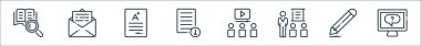 çevrimiçi öğrenme satırı simgeleri. Doğrusal küme. sohbet, kalem, eğitim, video dersi, dosya indirme, skor, e-posta gibi kalite vektör dizileri