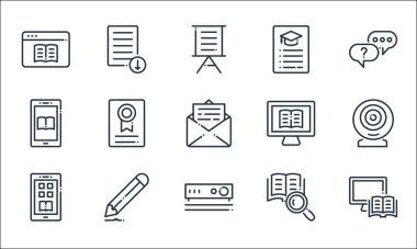 çevrimiçi öğrenme satırı simgeleri. Doğrusal küme. Çevrimiçi öğrenme, projektör, mobil uygulama, arama, kalem, kitap, çevrimiçi öğrenme, menü, dosya indirme gibi kalite vektör dizileri