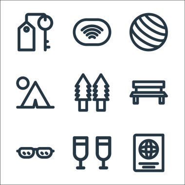 Tatil çizgisi simgeleri. Doğrusal küme. Pasaport, içki, gözlük, bank, ağaç, çadır, dünya çapında ağ, kablosuz ağ gibi kalite vektör çizgisi