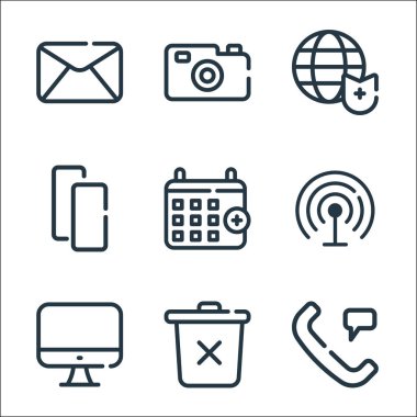 Evet ana satır simgeleri. Doğrusal küme. Telefon görüşmesi, çöp kutusu, monitör, kablosuz ağ, takvim, kopya, internet, kamera gibi kalite vektör dizileri