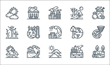 İklim değişikliği çizgisi simgeleri. Doğrusal küme. Ormanların tahrip edilmesi, çöl, erime, fosil yakıtlar, heyelan, ölü ağaç, küresel ısınma, kuraklık, kömür gibi kalite vektör çizgisi