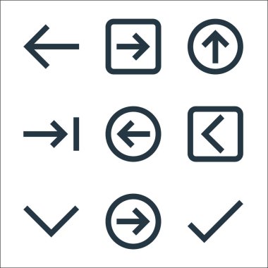 Evet çizgi simgeleri. Doğrusal küme. Kontrol işareti, sağ ok, aşağı ok, sol ok, sol sağ yukarı ok gibi kalite vektör çizgisi kümesi