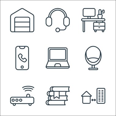 Ofis çizgisi simgeleri. Doğrusal küme. ev ofisi, kitap, yönlendirici, koltuk, dizüstü bilgisayar, telefon, masa, kulaklık gibi kalite vektör dizileri