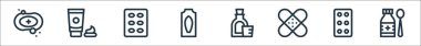 İlaç çizgisi simgeleri. Doğrusal küme. Şurup, tablet, yama, şurup, fitil, hap, krema gibi kalite vektör dizileri
