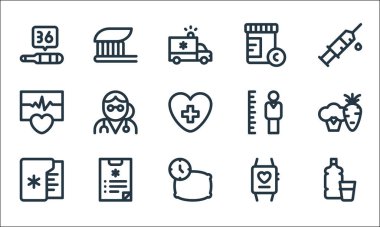 Sağlık çizgisi simgeleri. Doğrusal küme. Su, uyku, tıbbi kayıtlar, akıllı izleme, tıbbi rapor, kardiyogram, boy, C vitamini, diş fırçası gibi kalite vektör çizgisi