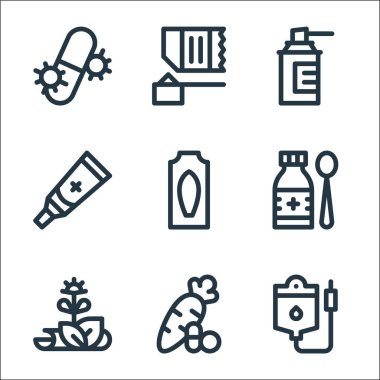 İlaç çizgisi simgeleri. Doğrusal küme. Transfüzyon, vitaminler, bitkiler, şurup, fitil, merhem, temizlik spreyi, protein karışımı gibi kalite vektör dizileri