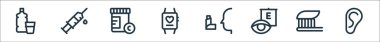 Sağlık çizgisi simgeleri. Doğrusal küme. Kulak, diş fırçası, göz testi, sprey, akıllı sepet, C vitamini, şırınga gibi kalite vektör çizgisi