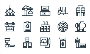 Sanayi işlem çizgisi simgeleri. Doğrusal küme. Kontrol kulesi, voltmetre, robot, kontrol, yağ varili, vinç, vana, forklift, vinç gibi kalite vektör çizgisi kümesi