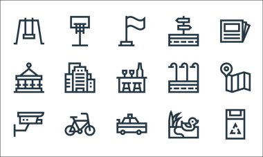 Şehir yaşam çizgisi simgeleri. Doğrusal küme. Çöp kutusu, polis arabası, kapalı devre televizyon, ördek, bisiklet, atlıkarınca, sokak lambası, yön, basketbol topu gibi kalite vektör dizileri