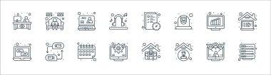 ev çizgisi simgeleri. Doğrusal küme. Veritabanı gibi kalite vektör çizgisi seti, evde kalıyorum, bilgisayar, iletişim, bar çizelgesi, kayıt, görev, evde çalışma