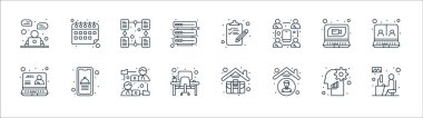 ev çizgisi simgeleri. Doğrusal küme. Evde çalışmak gibi kalite vektör çizgisi seti, evde, ofis masasında, kayıt, video çağrısı, paylaşım dosyası, kontrol listesi, takvim