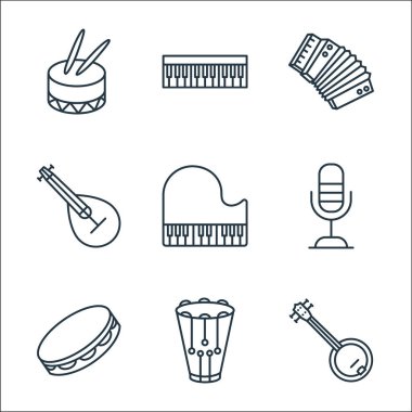 müzik enstrümanları çizgi simgeleri. Doğrusal küme. Banjo, snare drum, tef, mikrofon, piyano, mandolin, akordeon, klavye gibi kalite vektör dizileri