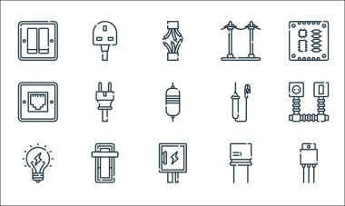 Elektrikçi aletleri ve çizgi simgeleri. Doğrusal küme. Kablo, sigorta kutusu, ampul, kapasitör, güç, telefon soketi, test cihazı, elektrik direği, g gibi kalite vektör dizileri