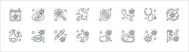 Coronavirus covid çizgi simgeleri. Doğrusal küme. Kaliteli vektör çizgisi, kapı kolu, enfekte, seyahat yok, matara, steteskop, arama, kalkan, enfeksiyon