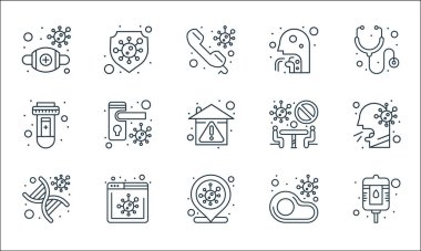 Coronavirus covid çizgi simgeleri. Doğrusal küme. Kan torbası, enfeksiyon, DNA, enfeksiyon, haber, kan tüpü, yasaklı, öksürük, koruma gibi kalite vektör çizgisi