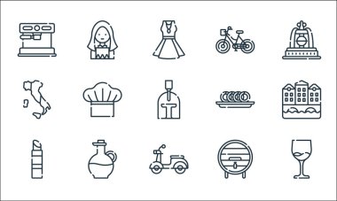 İtalya çizgi simgeleri. Doğrusal küme. Şarap, scooter, ruj, şarap fıçısı, zeytinyağı, İtalya, taralli, bisiklet, kadın gibi kalite vektör dizileri
