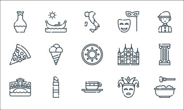 İtalya çizgi simgeleri. Doğrusal küme. Makarna, kapuçino, rialto briç, karnaval, ruj, pizza, katedral, maske, gondol gibi kalite vektör dizileri