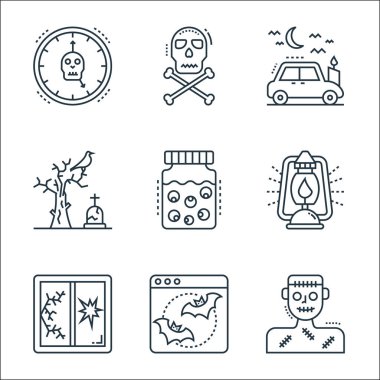 Ürkütücü cadılar bayramı çizgisi simgeleri. Doğrusal küme. Kaliteli vektör çizgisi: Zombi, yarasa, kırık pencere, fener, göz kavanozu, ölü ağaç, araba, tehlike