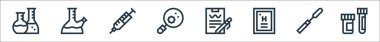 Laboratuvar çizgisi simgeleri. Doğrusal küme. Test tüpleri, neşter, periyodik tablo, analiz, virüs, şırınga, matara gibi kalite vektör dizileri