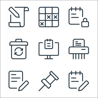 Ofis malzemeleri ikonları. Doğrusal küme. Ofis malzemeleri, pim, düzenleme, kağıt shder, bilgisayar, geri dönüşüm, kilit, takvim gibi kalite vektör dizisi