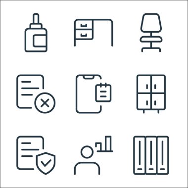 Ofis malzemeleri ikonları. Doğrusal küme. Dolap, yönetici, güvenlik, dolap, akıllı telefon, silme, ofis koltuğu, masa gibi kalite vektör dizileri