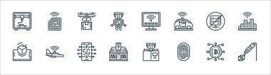 Gelişmekte olan teknoloji çizgisi simgeleri. Doğrusal küme. D kalem, parmak izi, akıllı ev, ağ sunucusu, drone dağıtımı, akıllı TV, rFID çipi gibi kalite vektör çizgisi kümesi