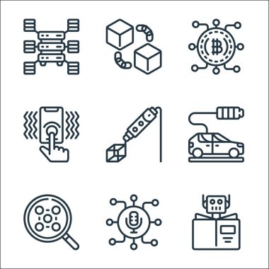 Gelişmekte olan teknoloji çizgisi simgeleri. Doğrusal küme. Örneğin, elektrikli araba, d kalem, haptik, bitcoin, blockchain gibi kalite vektör çizgisi kümesi