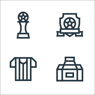 Futbol sahası ikonları. Doğrusal küme. Spor çantası, hakem, amblem gibi kalite vektör çizgisi