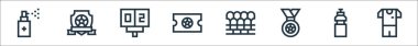 Futbol sahası ikonları. Doğrusal küme. Futbol, su şişesi, futbol, koltuklar, futbol, skorbord, amblem gibi kalite vektör çizgisi