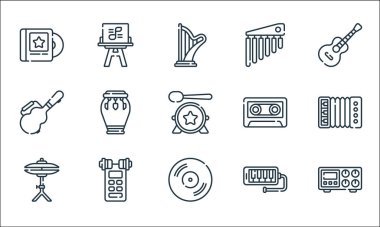 Müzik çizgisi simgeleri. Doğrusal küme. Amplifikatör, vynil, ziller, melodi, ses kaydedici, gitar kutusu, kaset, çan, nota kağıdı gibi kalite vektör dizileri