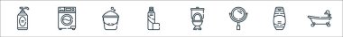 Tuvalet sırası ikonları. Doğrusal küme. Kaliteli vektör çizgisi küvet, şampuan, ayna, tuvalet, sprey, kova, çamaşır makinesi gibi